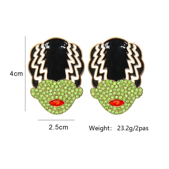 Frankenstein’s Bride Rhinestone Studded Halloween Earrings - Picture 3 of 9